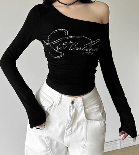 2025 Harajuku Letter Diamond Vintage T-shirt Women Slash Neck Y2k Aesthetic Grunge Crop Tees Streetwear Slim Fit Autumn Tshirts