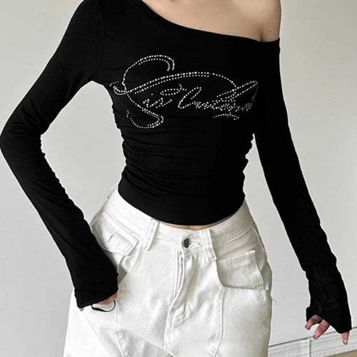 Load image into Gallery viewer, 2025 Harajuku Letter Diamond Vintage T-shirt Women Slash Neck Y2k Aesthetic Grunge Crop Tees Streetwear Slim Fit Autumn Tshirts
