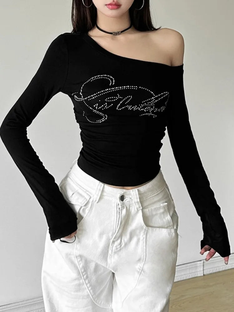 2025 Harajuku Letter Diamond Vintage T-shirt Women Slash Neck Y2k Aesthetic Grunge Crop Tees Streetwear Slim Fit Autumn Tshirts