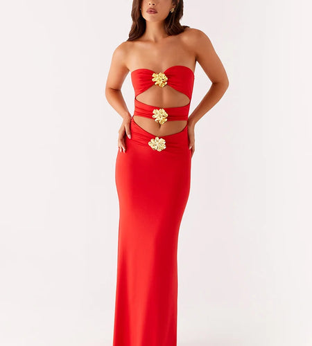 Metal Rose Hollow Out Sexy Maxi Dress Women Beach Holiday Gown Strapless Off-shoulder Backless Bodycon Club Long Dress