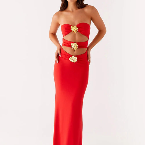 Load image into Gallery viewer, Metal Rose Hollow Out Sexy Maxi Dress Women Beach Holiday Gown Strapless Off-shoulder Backless Bodycon Club Long Dress
