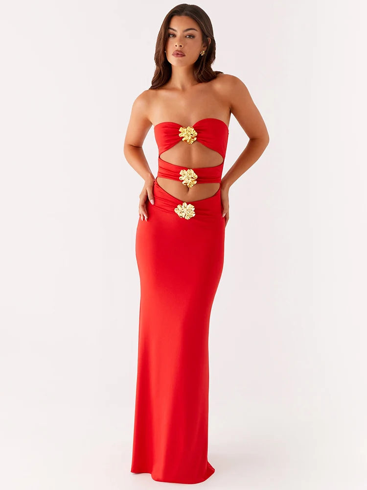Metal Rose Hollow Out Sexy Maxi Dress Women Beach Holiday Gown Strapless Off-shoulder Backless Bodycon Club Long Dress