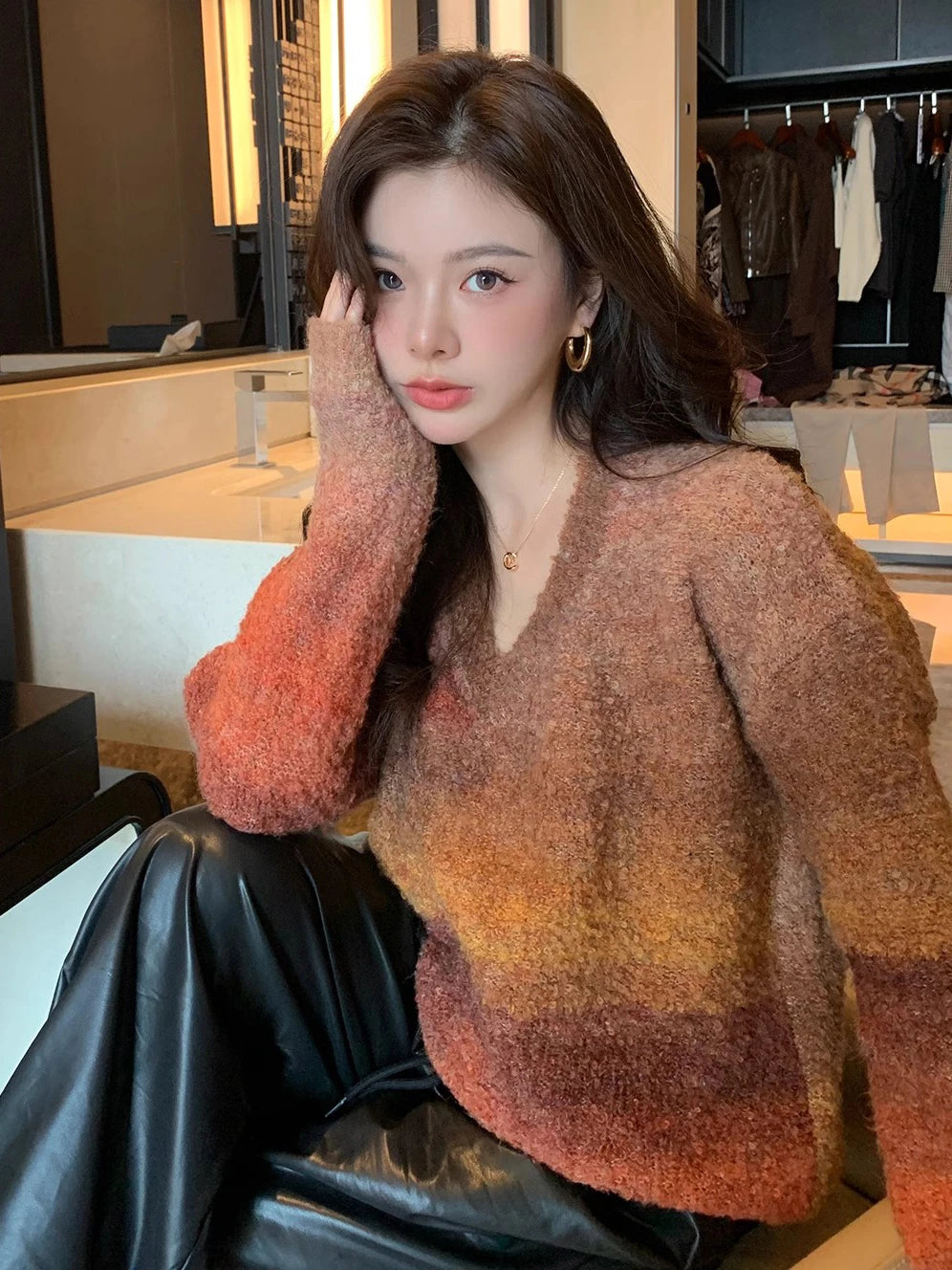 Women Sweater Winter Long Sleeve V Neck Loose Knitwear Colored Fashion Chic Warm Soft Tops C-288