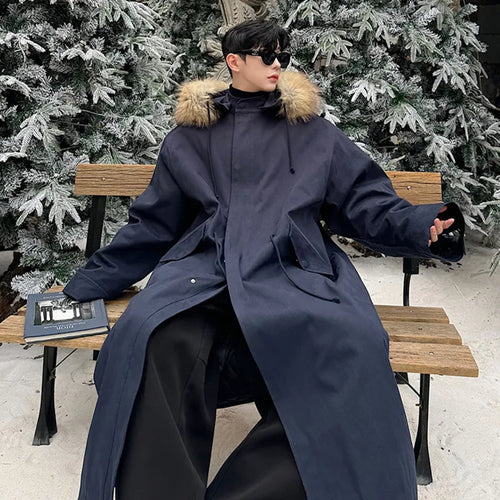 Load image into Gallery viewer, Winter Hooded Padded Coat Detachable Fur Collar Outwear Men Solid Color Single Breasted Casual Korean Overcoat 9C9023
