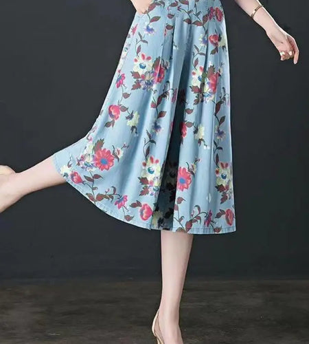 Summer Blue Floral Denim Pleated Wide Leg Seven Point Pant For Women Loose Casual Elastic High Waist Jean Fashion Streetwear new