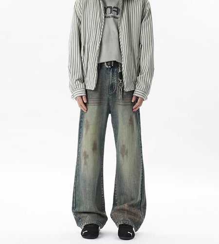 Male Jeasn Splashed Ink Glitter Design New American Style Straight Wide Leg Worn-out Stylish Men's Summer Bottoms 9W1854