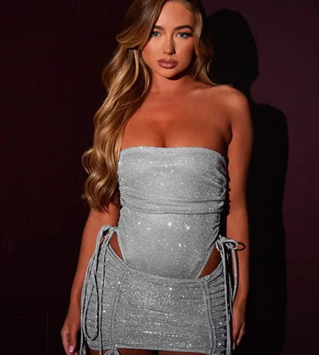 Spring Fashion Sexy Wrap Hip Skirt Two Piece Set Women Drawstring Lace Set Slim Skirt Tight Party Nightclub Set