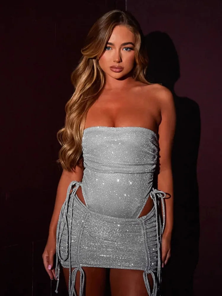 Spring Fashion Sexy Wrap Hip Skirt Two Piece Set Women Drawstring Lace Set Slim Skirt Tight Party Nightclub Set