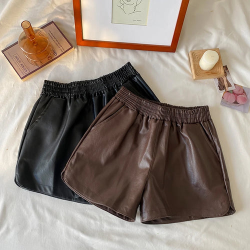 Load image into Gallery viewer, Korean Version Women Elastic High Waist New Black Pu Leather Short Pants Fashion Brown Wide Leg Shorts Autumn Winter Versatile
