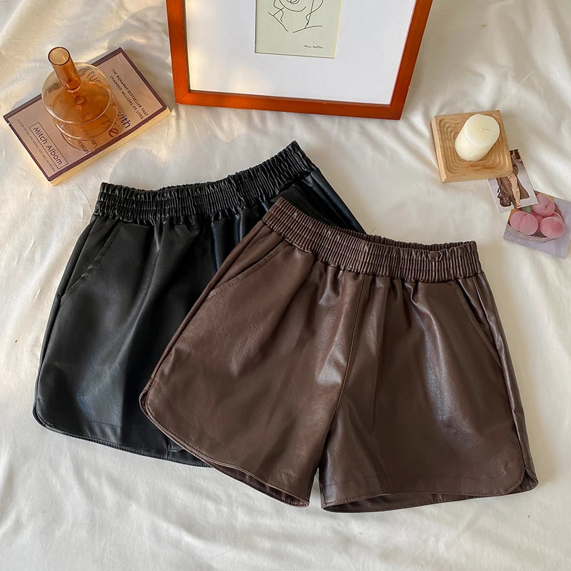 Korean Version Women Elastic High Waist New Black Pu Leather Short Pants Fashion Brown Wide Leg Shorts Autumn Winter Versatile