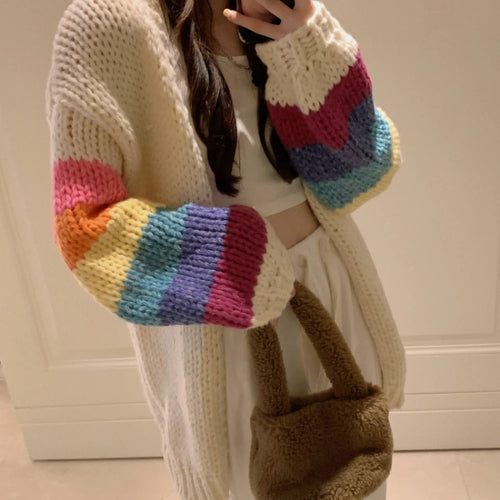 Load image into Gallery viewer, Vintage Rainbow Striped Sweaters Female Casual Sweet Y2k Cardigan Korean Fashion Knitted Top 2025 Autumn Kardigany
