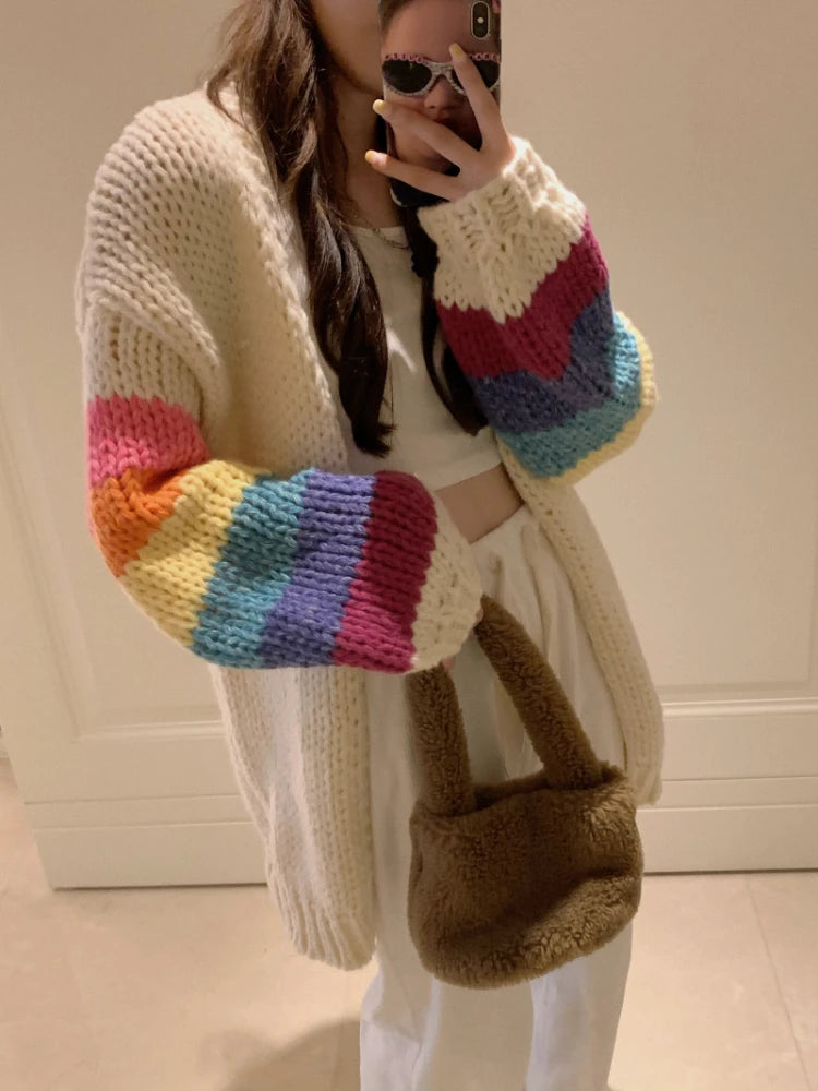 Vintage Rainbow Striped Sweaters Female Casual Sweet Y2k Cardigan Korean Fashion Knitted Top 2025 Autumn Kardigany