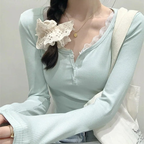 Load image into Gallery viewer, Fake Two Pieces Sweet Lace Patchwork Women T-shirt Slim Y2k Aesthetic Bottoming Crop Top Harajuku Single Breasted Grunge Tees
