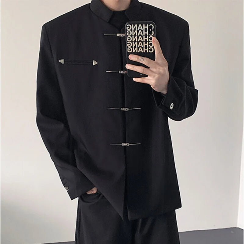Men's Blazers New Chinese Stylish Stand Collar Style Metal Buckle Shoulder Male Shoulder Pad Clothing Spring 2025 9W1382