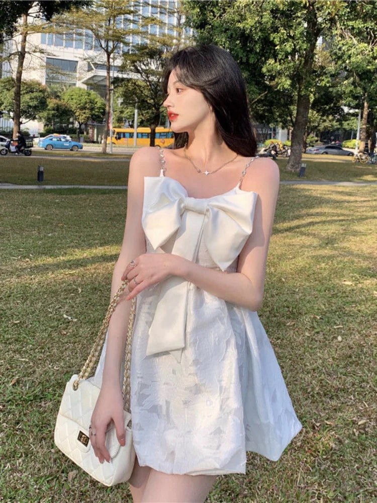 Sweet Kawaii White Slip Dress Women Korean Fashion Kpop Designer Party Spaghetti Strap Mini Short Dresses Bow Outfits