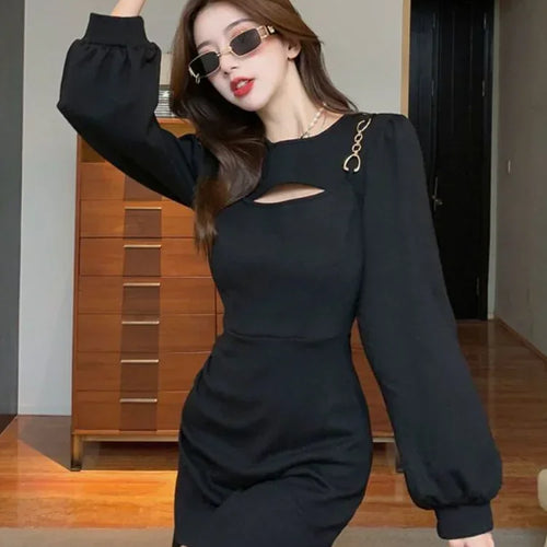 Load image into Gallery viewer, Sexy Black Hollow Out Mini Dress Women Bodycon Wrap Slim Short Dresses Party Evening Autumn Outfits Robes Female
