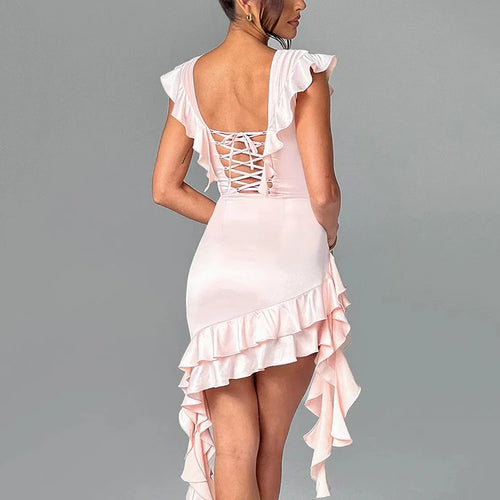 Load image into Gallery viewer, Deep V Neck Backless Draped Ruffle Mini Dress For Women Fashion Sleeveless Bodycon Club Party Sexy Dress Elegant
