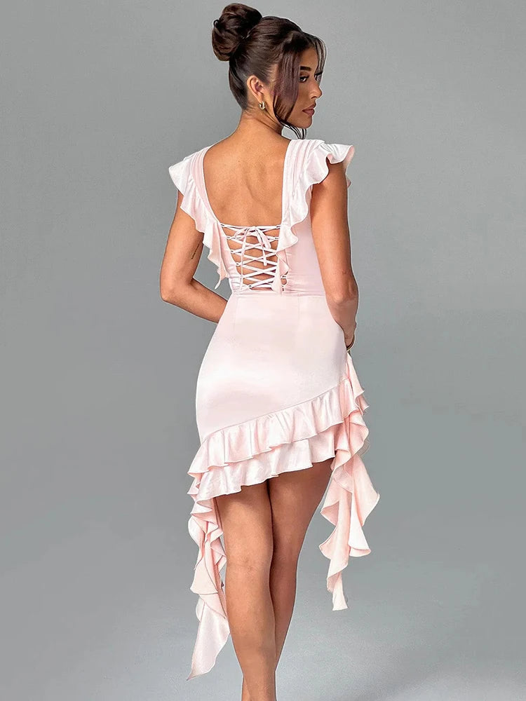 Deep V Neck Backless Draped Ruffle Mini Dress For Women Fashion Sleeveless Bodycon Club Party Sexy Dress Elegant