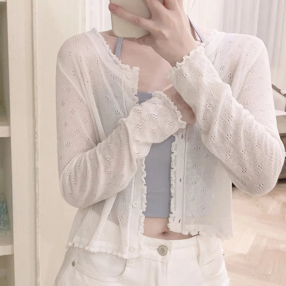 Women Summer Sun Protection Coat Lace Hollow Cardigan Lolita Female Blouse Tops Covers Blusa Y2K Korean All Match 2025