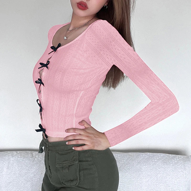 Fashion Bow Autumn Tee Shirt Slim Lace Trim Knit Cutecore Coquette Clothes Korean T-shirt Women Crop Top Slit Kawaii