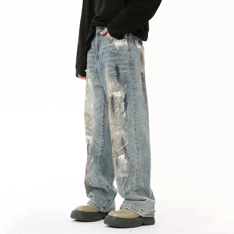 Niche Style Men's Jeans Worn-out Dirty Graffiti Loose Trousers Straight Wide Leg Male Casual Jeans Trend Summer 9C6607