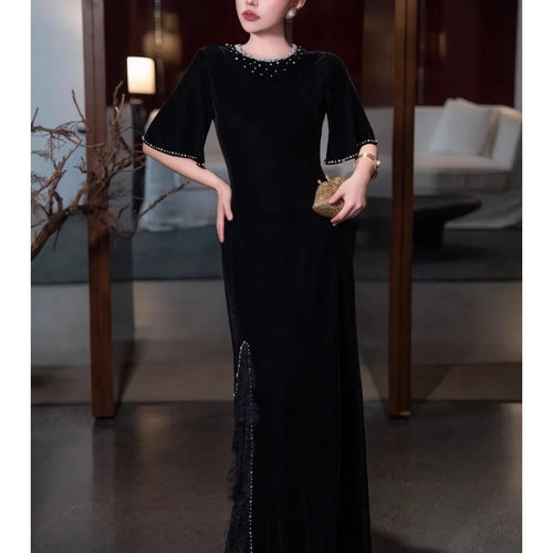 Load image into Gallery viewer, Solid Spliced Diamonds Dresses for Women O Neck Short Sleeve High Waist Split Temperament Dress Female
