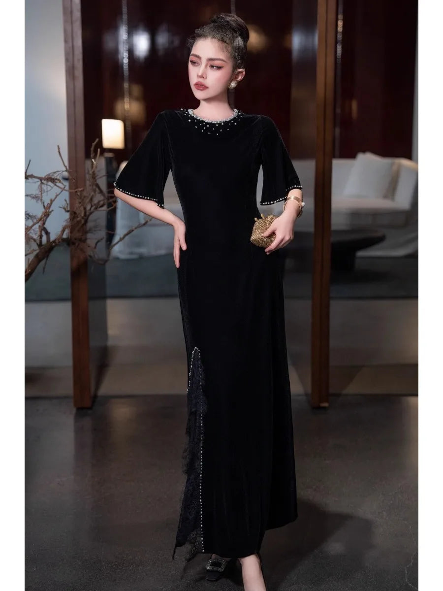 Solid Spliced Diamonds Dresses for Women O Neck Short Sleeve High Waist Split Temperament Dress Female