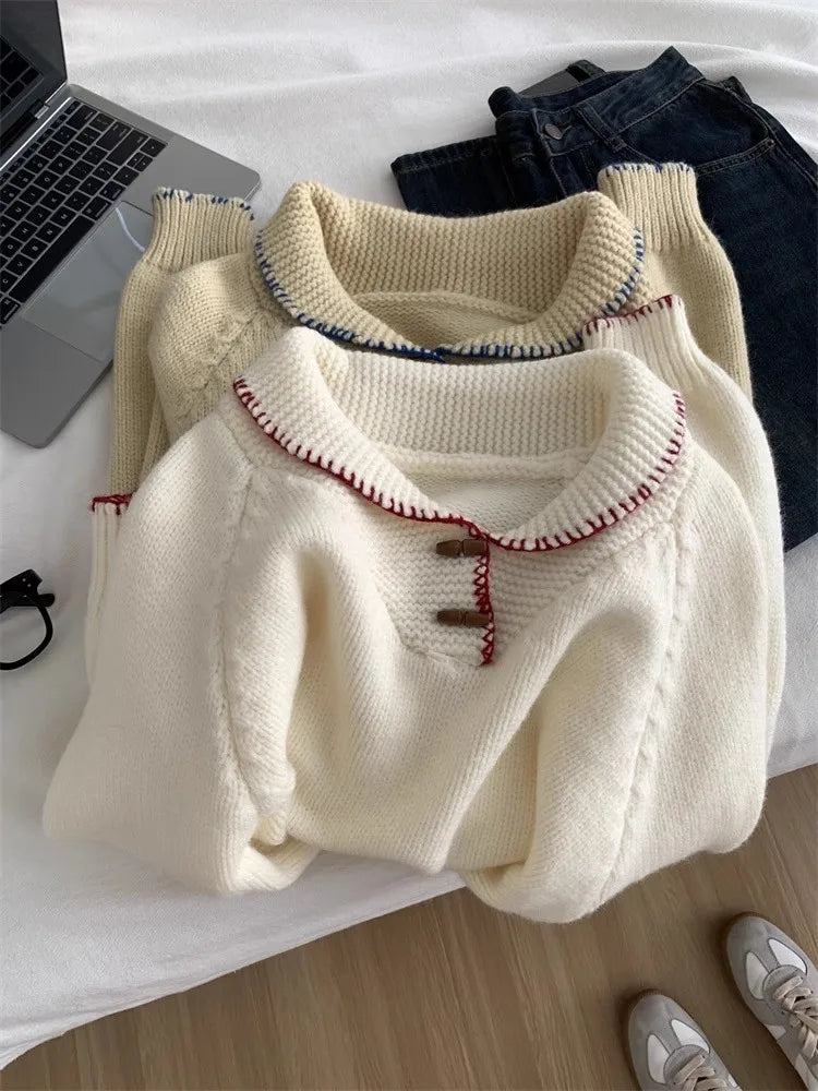 Korean Fashion 2024 New Solid Versatile Short Crochet Knitted Sweater Women Autumn Winter Long Sleeve Pullover Tops Streetwear