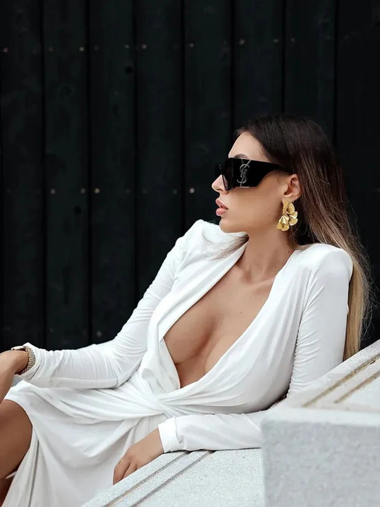 Sexy Deep V Long Sleeve Split Women's Dress Folded Waist Maxi Female Bodycon Vestidos Elegant Party Club Evening Dress