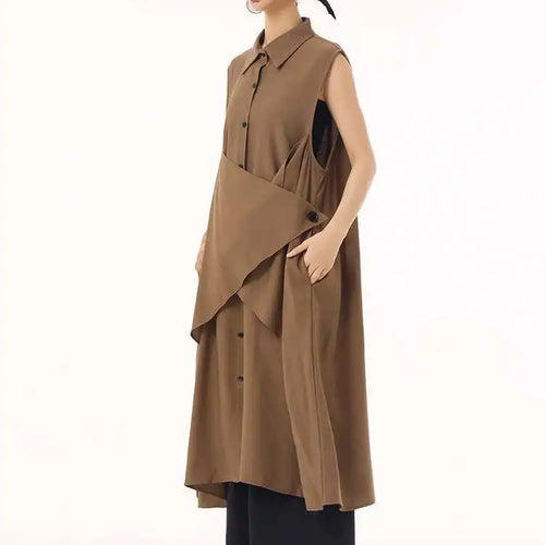 Load image into Gallery viewer, Women Khaki Irregular Spliced Big Size Midi Shirt Dress New Lapel Sleeveless Fashion Tide Spring Summer 2025 1DH9434
