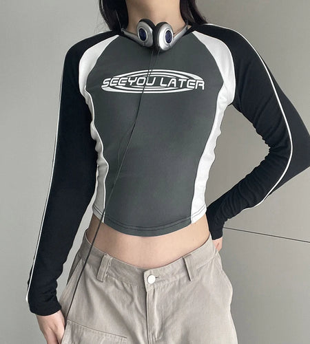 Harajuku Patchwork Autumn T shirt Female Letter Print Korean Crop Tops Bodycon Moto&Biker Style Tee Shirts Contrast