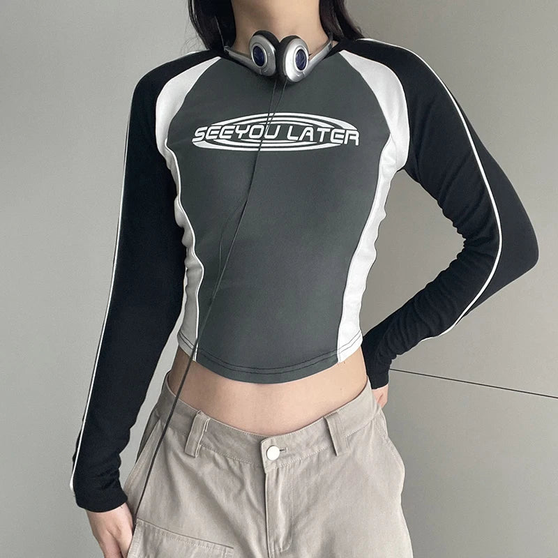 Harajuku Patchwork Autumn T shirt Female Letter Print Korean Crop Tops Bodycon Moto&Biker Style Tee Shirts Contrast