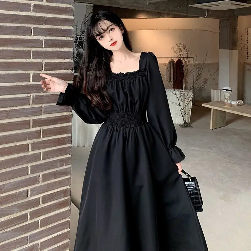Vintage Black Dress Women French Elegant Square Collar Long Sleeve Midi Dress Autumn Ladies Retro Clothes Chic Korean