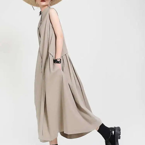 Load image into Gallery viewer, Women Khaki Split Pleated Long  Dress New Stand Collar Sleeveless Loose Fit Fashion Tide Spring Summer 2025 1Y353
