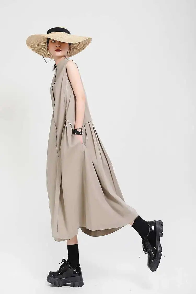 Women Khaki Split Pleated Long  Dress New Stand Collar Sleeveless Loose Fit Fashion Tide Spring Summer 2025 1Y353