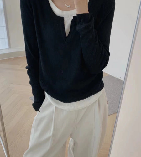 Y2k Aesthetics Fake Two Pieces Streetwear T-shirt Knitted Grunge Casual Loose Tshirt 2025 Autumn Harajuku Irregular Vintage Tops