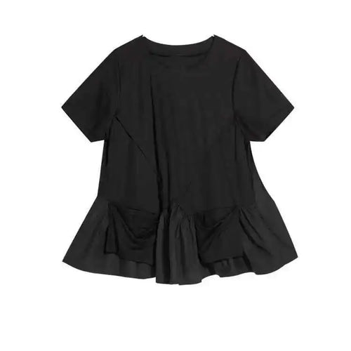 Load image into Gallery viewer, Women Black Hem Ruffles Big Size Casual T-shirt New Round Neck Short Sleeve Fashion Tide Spring Summer 2025 1DE9329
