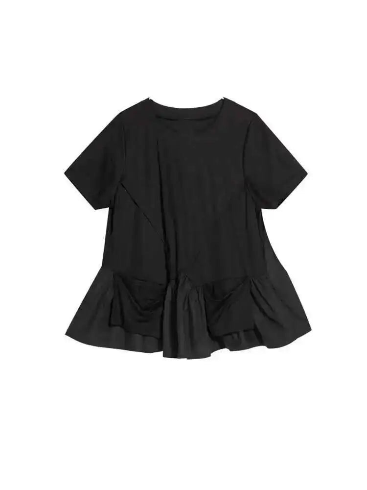 Women Black Hem Ruffles Big Size Casual T-shirt New Round Neck Short Sleeve Fashion Tide Spring Summer 2025 1DE9329