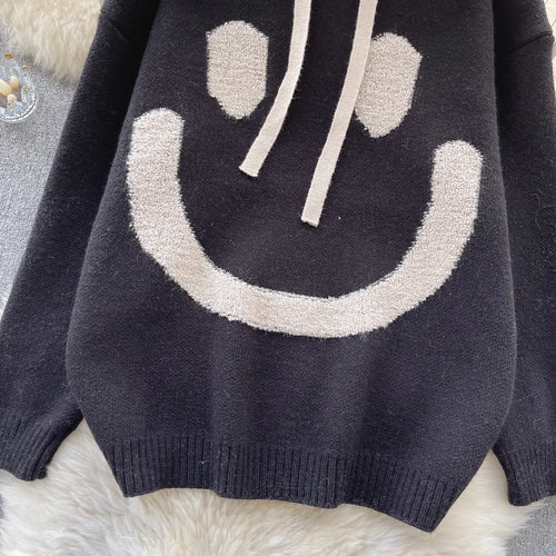 Load image into Gallery viewer, Women Patchwork Smiling Face Pullover Sweater Korean Loose Long Sleeve Casual Autumn Winter Thick Warm Knitted Hooded Tops Trend
