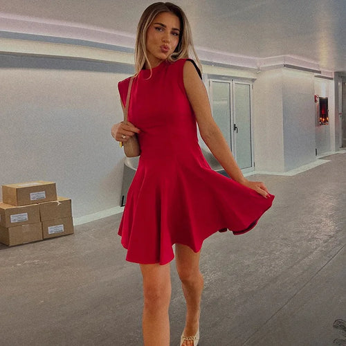 Load image into Gallery viewer, Half High Collar Sleeveless Sexy Mini Dress For Women Fashion Solid Red High Waist A-line Club Pleated Sexy Dress
