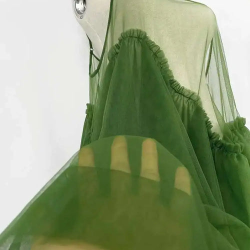 Load image into Gallery viewer, Women Green Mesh Layers Elegant Spaghetti Strap Dress New Square Collar Sleeveless Fashion Tide Spring Autumn 2025 1DJ0363
