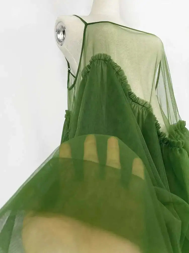 Women Green Mesh Layers Elegant Spaghetti Strap Dress New Square Collar Sleeveless Fashion Tide Spring Autumn 2025 1DJ0363