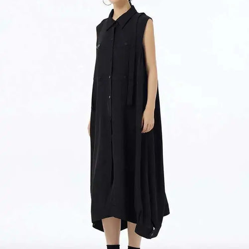 Load image into Gallery viewer, Women Army Green Button Big Size Midi Casual Shirt Dress New Lapel Sleeveless Fashion Tide Spring Summer 2025  1DH6614
