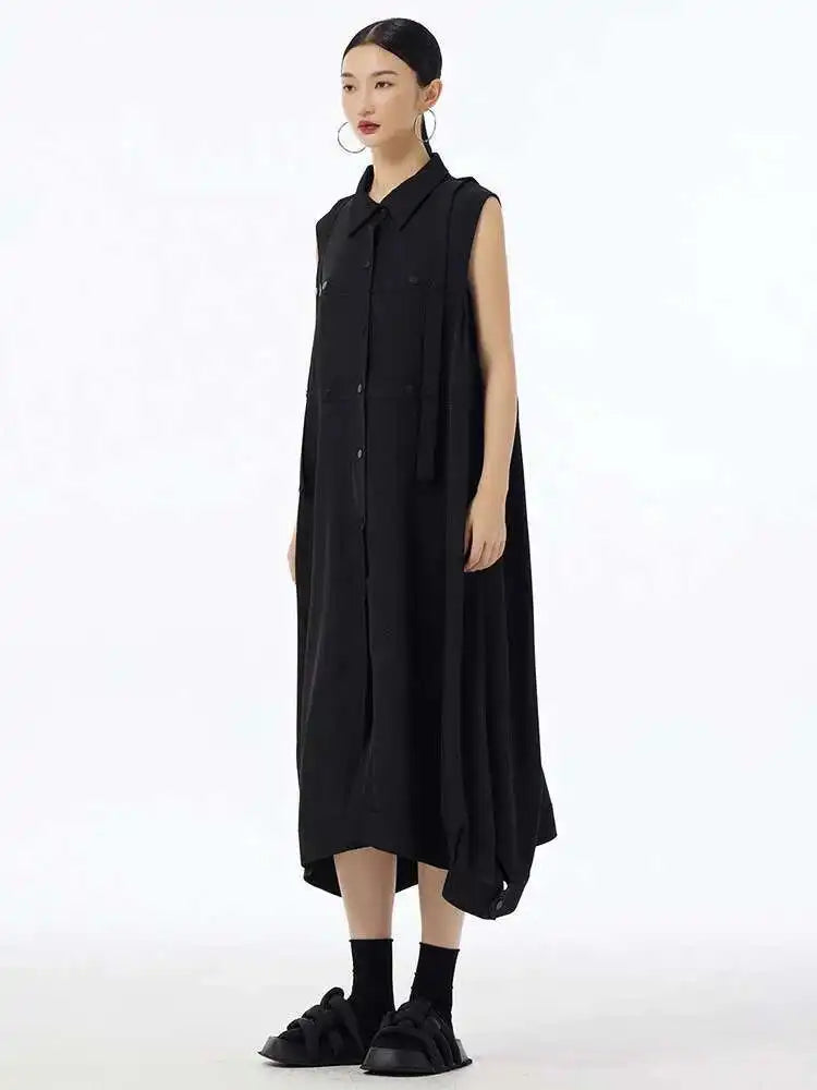 Women Army Green Button Big Size Midi Casual Shirt Dress New Lapel Sleeveless Fashion Tide Spring Summer 2025  1DH6614