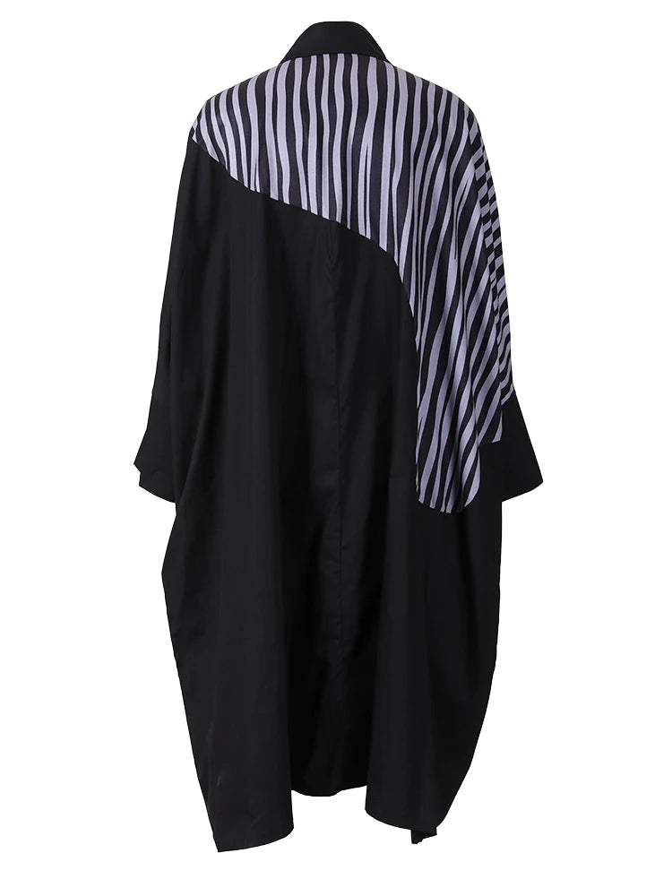 Women Black Striped Color-block Big Size Midi Shirt Dress New Lapel Long Sleeve Fashion Tide Spring Autumn 2025 1DD0068