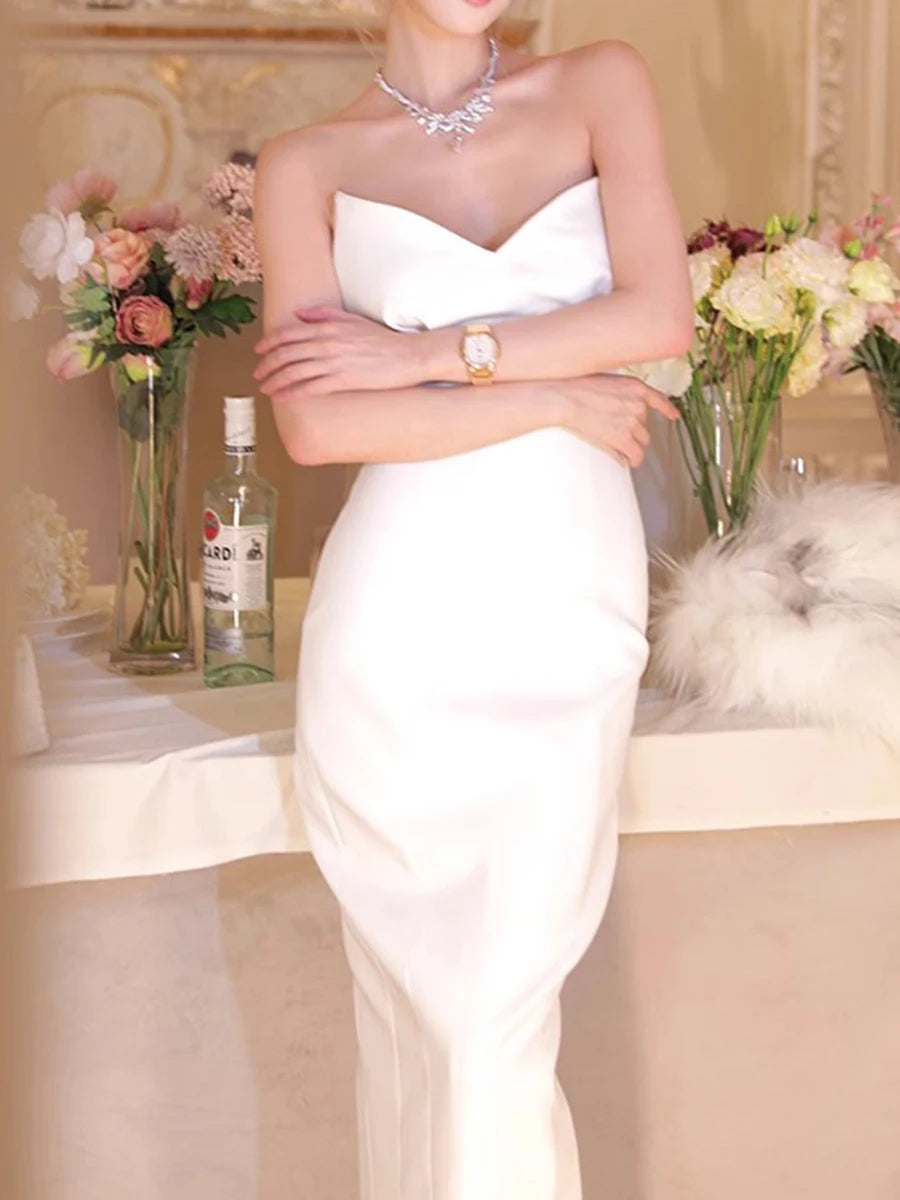 Solid Slimming Minimalist Dresses For Women Strapless Sleeveless High Waist Temperament Long Dress Female Fashion