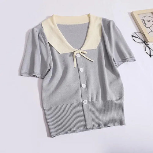 Load image into Gallery viewer, Vintage Women&#39;s Sweet 2024 New Fashion Patchwork Short Sleeve Single Breasted Elegant Knit Tops Summer Lapel Holiday Clothing
