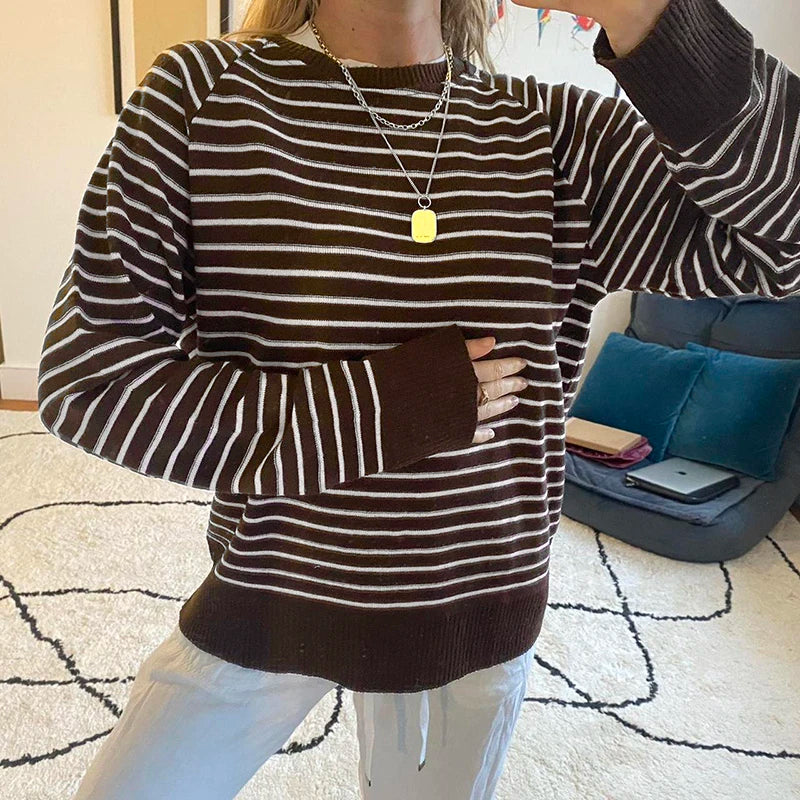 Vintage Loose Striped Women Sweater Harajuku Contrast Collor Knitted Pullover Tops Autumn Winter Y2K Aesthetic Jumper