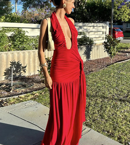Halter Deep V Neck Sexy Maxi Dress For Women Gown Fashion Solid Sleeveless Backless Draped Ruched Bodycon Long Dress
