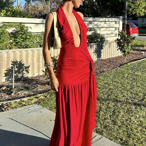 Load image into Gallery viewer, Halter Deep V Neck Sexy Maxi Dress For Women Gown Fashion Solid Sleeveless Backless Draped Ruched Bodycon Long Dress
